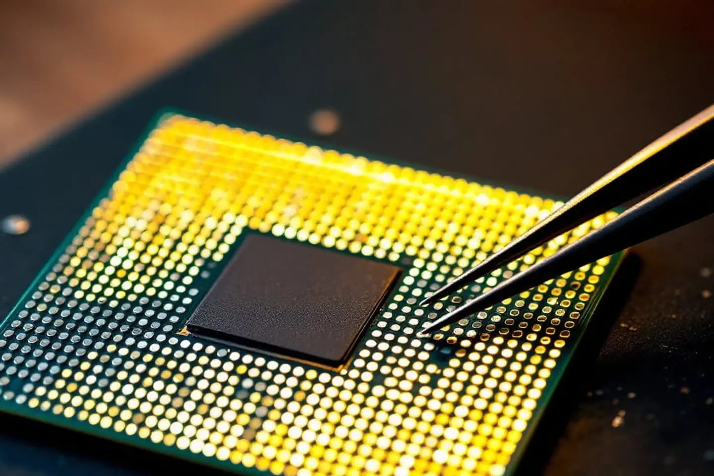 Server processor face down on an anti-static mat next to a small adapter sticker and tweezers