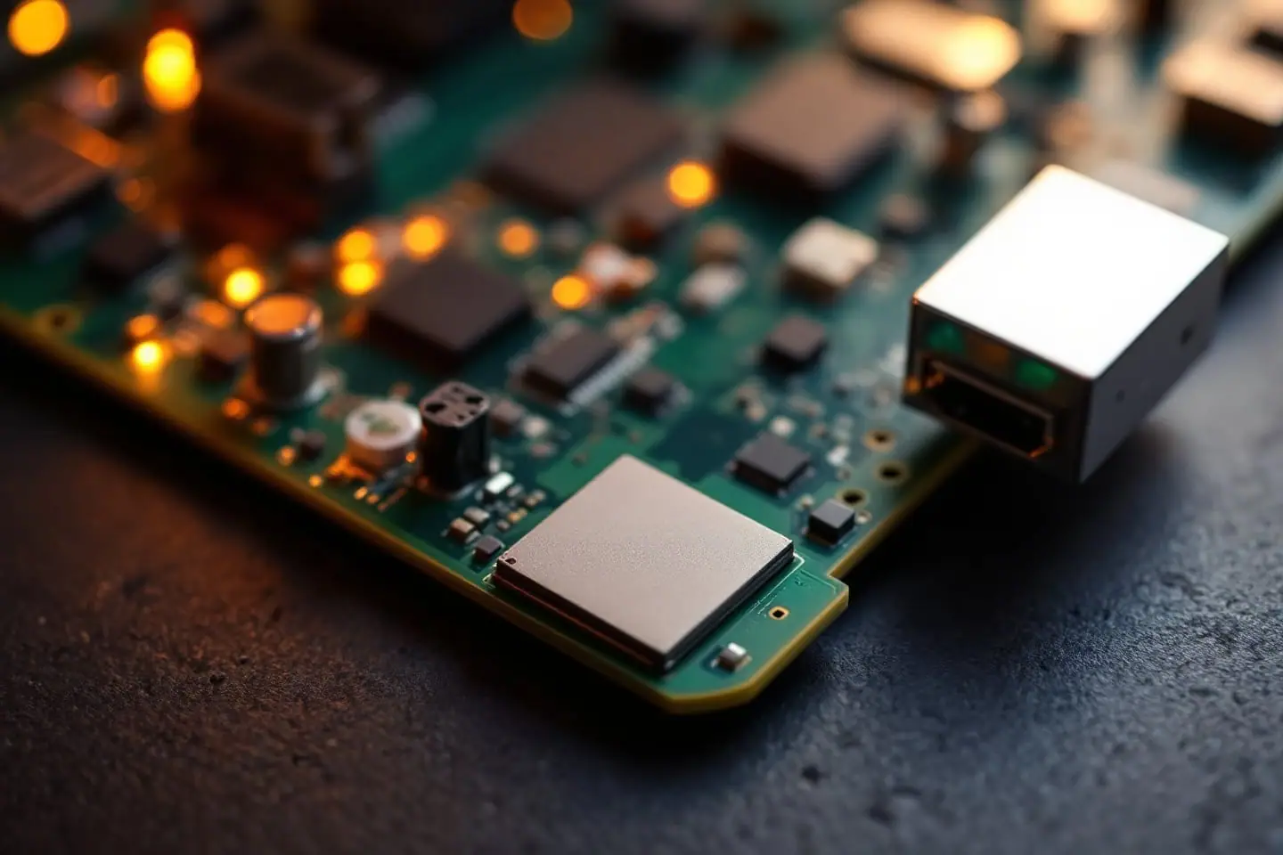 Eight-pin BIOS flash chip on a motherboard next to a small USB flash drive and tweezers